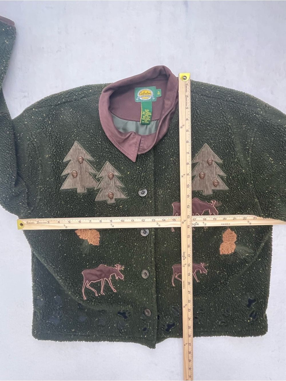 Cabelas Womens Green Moose Pine Tree Applique Cabin Core Sherpa Fleece Jacket XL - Picture 10 of 10